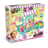 So Slime Flower Shop 2 in 1 retail box viewed from the front and left side, featuring the turquoise flower shop stand, eight decorated slime pots, yellow watering can and instructions for mixing, decorating and moulding slime flowers.
