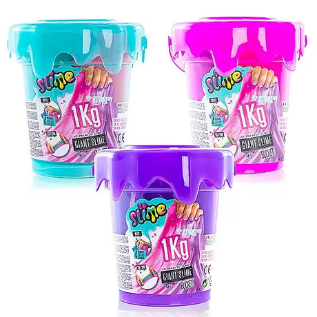 Trio of So Slime 1Kg buckets in pink, blue and purple with colourful labels – Ireland