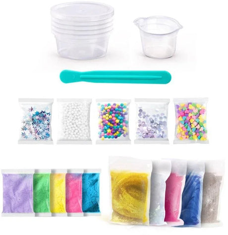 Close-up of So Slime kit items including powders, glitters, beads and containers – Ireland
