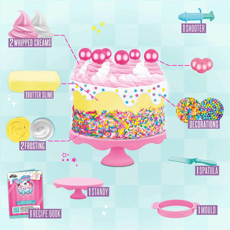 Full birthday cake kit layout showing slime, moulds, frosting, stand and shooter – Ireland