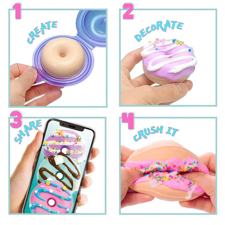 Step-by-step images showing how to create, decorate, share, and crush slime donuts – Ireland