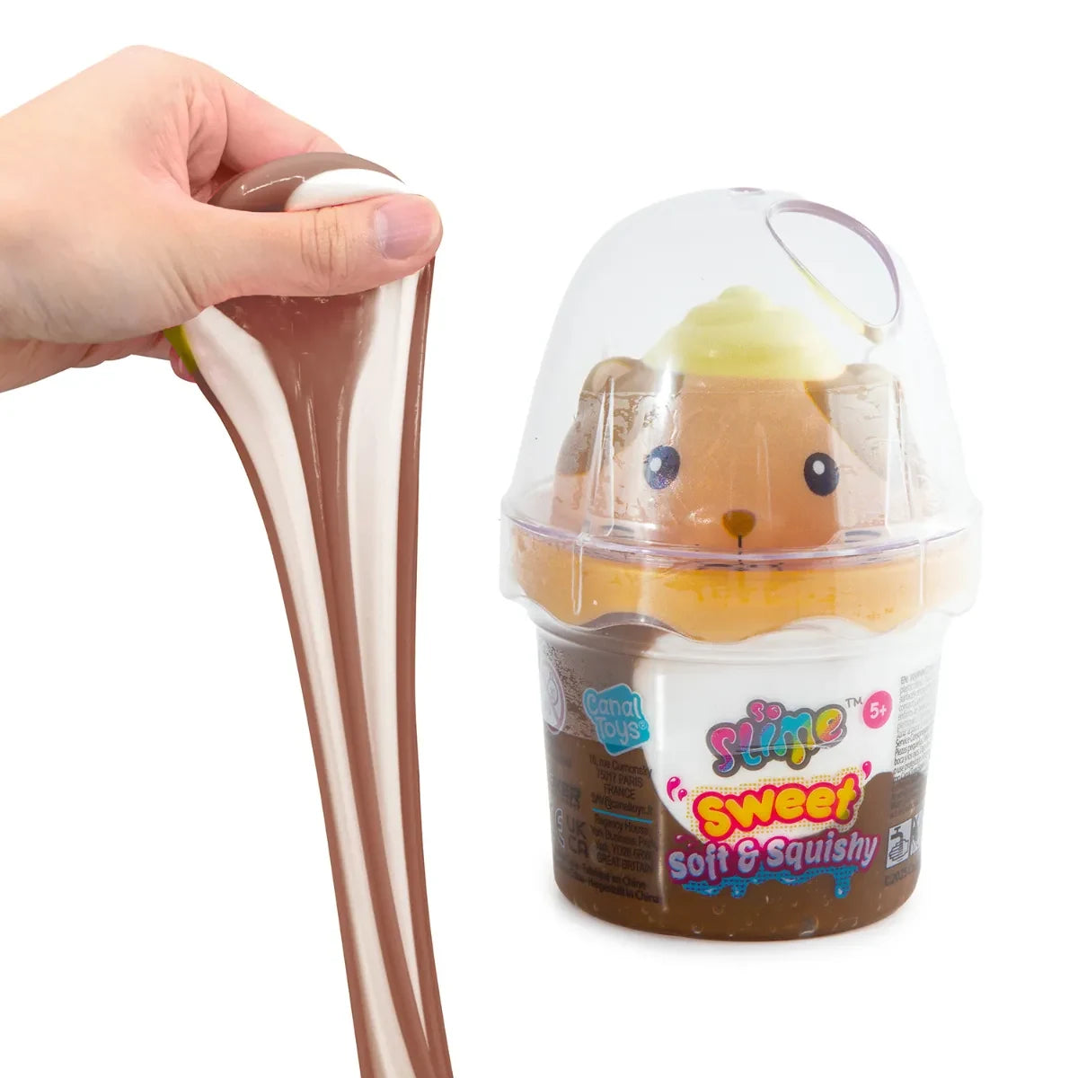 So Slime Sweet Soft & Squishy brown and white slime stretched by hand beside a brown slime pot containing a tan animal squishy figure with a pale yellow tuft.