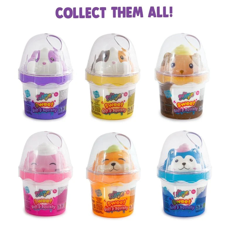So Slime Sweet Soft & Squishy collection display showing six assorted animal squishy designs in purple, yellow, brown, pink, orange and blue slime pots beneath the heading Collect Them All.