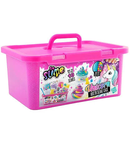 Closed pink unicorn-themed slime case with product branding – Ireland