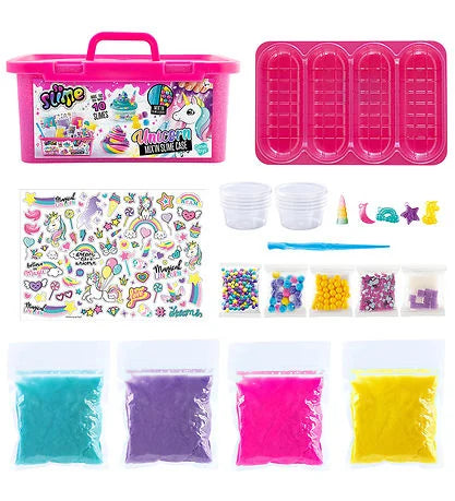 All parts of the So Slime Unicorn kit laid out with stickers and slimes – Ireland