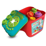 Soft Clemmy Sensory Bucket with turquoise lid tilted open against the red container, showing orange, green, purple and yellow building blocks stored inside.