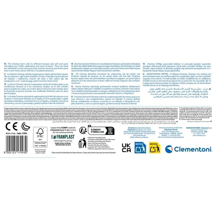 Back of the Soft Clemmy Sensory Farm packaging showing multilingual product information, Clementoni branding, recycling symbols, item number 17993 and barcode 8005125179930.