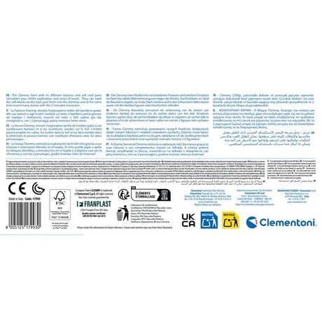 Back of the Soft Clemmy Sensory Farm packaging showing multilingual product information, Clementoni branding, recycling symbols, item number 17993 and barcode 8005125179930.