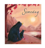 Illustrated book cover for Someday featuring two bears seated together on a riverbank, warm orange sky, distant hills, and falling red leaves