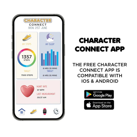 Sonic Printed Strap Smart Watch Character Connect app screen showing steps, sleep and heart rate tracking with iOS and Android compatibility 