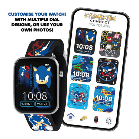 Sonic Printed Strap Smart Watch shown with smartphone app displaying multiple Sonic watch face designs