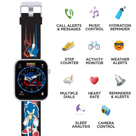 Sonic Printed Strap Smart Watch feature graphic showing call alerts, music control, hydration reminder, step counter, activity monitor, weather alerts, multiple dials, heart rate, sleep analysis and camera control