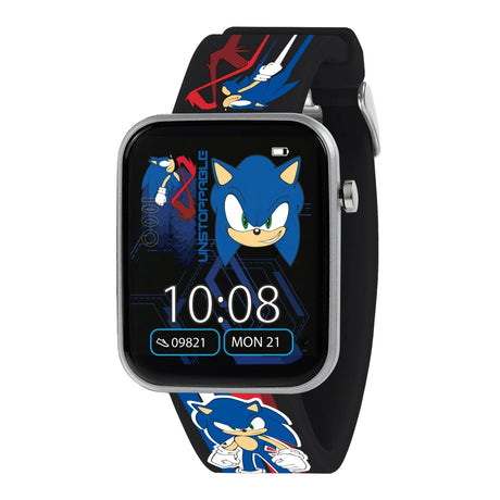 Sonic Printed Strap Smart Watch front view with colour touchscreen, Sonic watch face and printed black strap