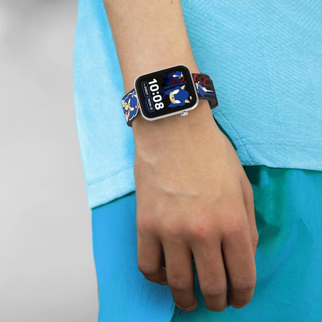 Sonic Printed Strap Smart Watch worn on the wrist with Sonic digital watch face and printed strap