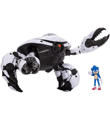Crab Mech with black claws and Sonic figure standing beside it