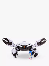 Crab Mech with both claws raised and Sonic figure standing in front