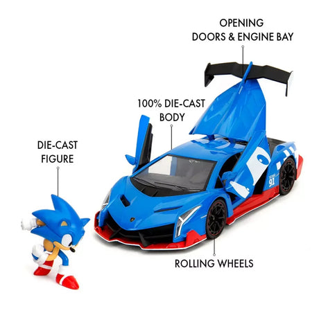 Sonic the Hedgehog Lamborghini Veneno die-cast car showing open doors, hood and Sonic figure in Ireland