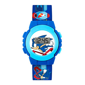 Sonic The Hedgehog Printed Digital Watch close-up with digital time display, blue case and Sonic artwork on the dial and strap