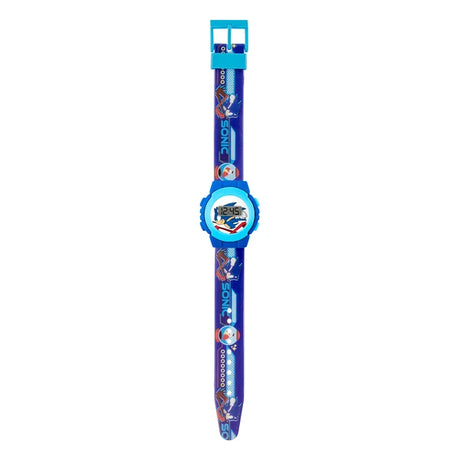 Sonic The Hedgehog Printed Digital Watch full strap view with blue printed strap, Sonic artwork and buckle fastening