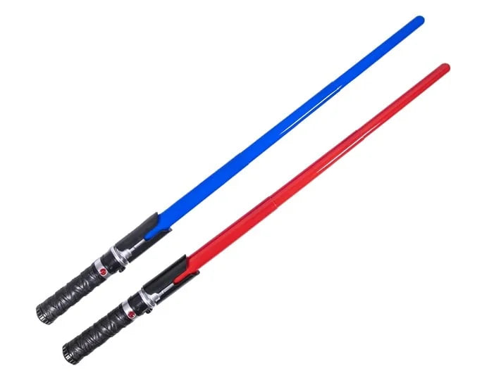 Blue and red light swords shown loose with black grip handles and illuminated extendable blades for pretend play