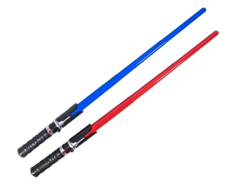 Blue and red light swords shown loose with black grip handles and illuminated extendable blades for pretend play