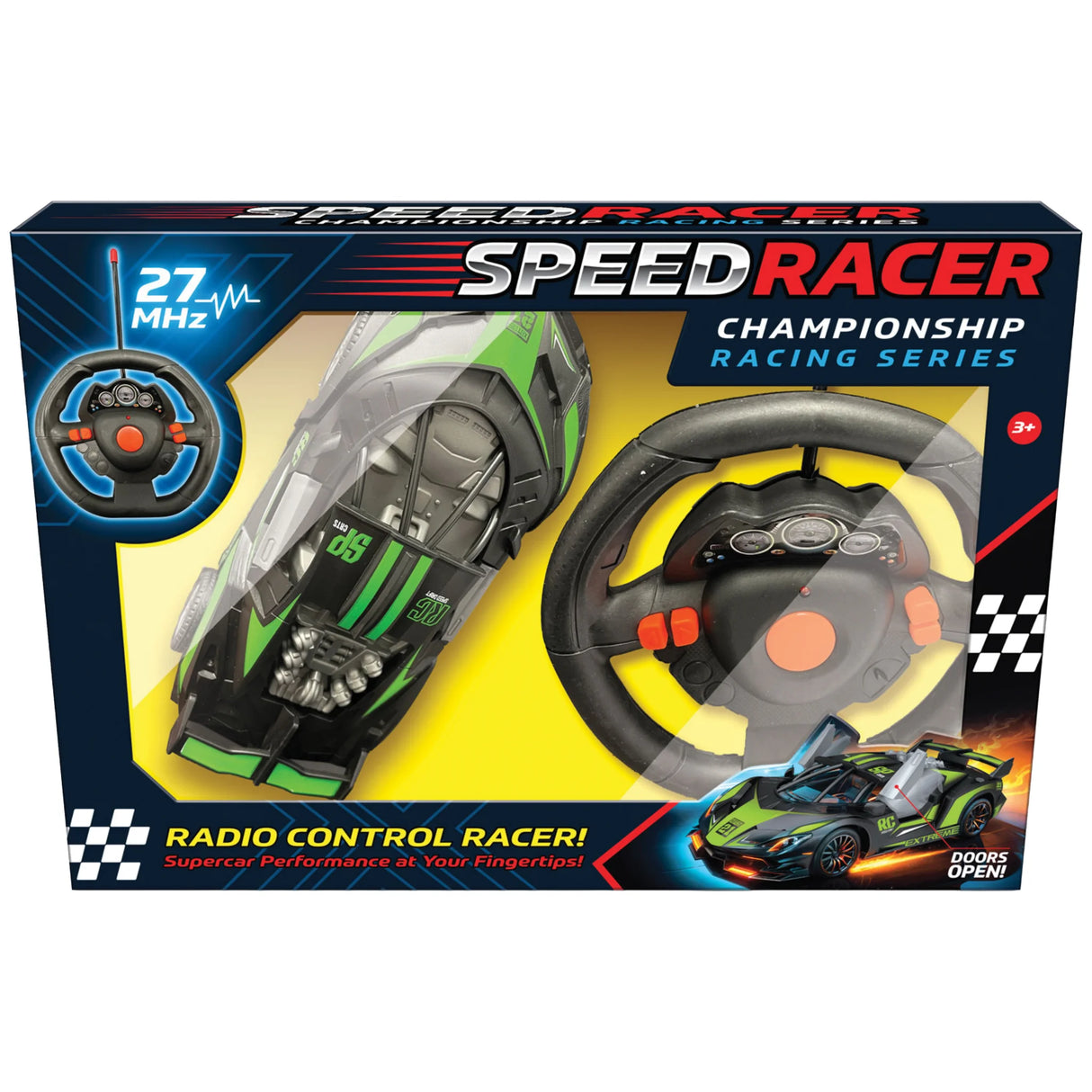 Remote control Speed Racer car packaging showing easy drive features