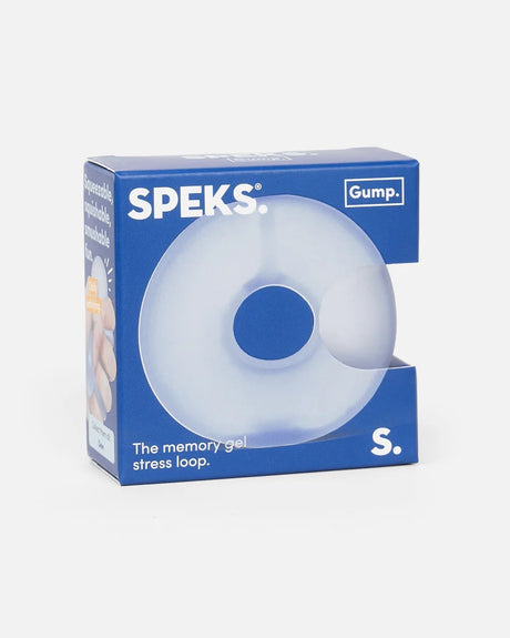 Speks Gump Loop Dew squishy in blue retail packaging with the pale blue ring visible through the front