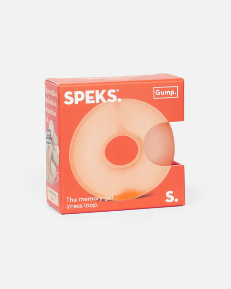 Speks Gump Loop Reef squishy in coral retail packaging with the orange ring visible through the front