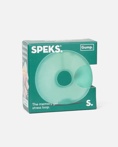 Speks Gump Loop Sea Glass squishy in green retail packaging with the turquoise ring visible through the front 
