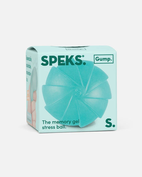 Speks Gump Surface Edge squishy in retail packaging with turquoise segmented texture visible through the front