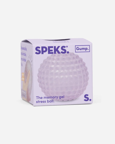 Speks Gump Surface Scale squishy in retail packaging with purple raised scale texture visible through the front