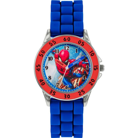 Spider-Man Blue Time Teacher Watch close-up showing Spider-Man dial artwork, labelled hour and minute hands and red numbered minute bezel 
