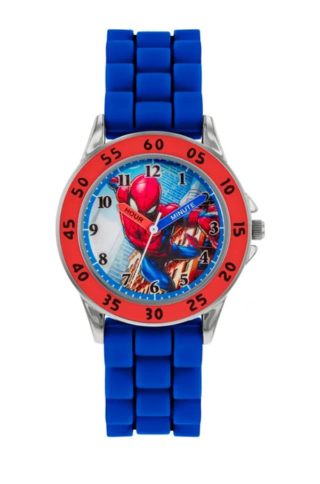Spider-Man Blue Time Teacher Watch front view with blue strap, red numbered minute bezel and Spider-Man analogue dial