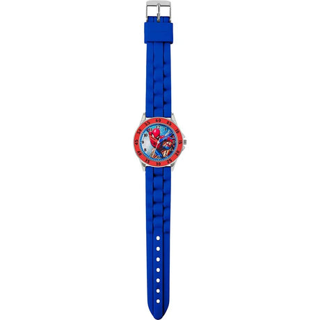 Spider-Man Blue Time Teacher Watch full strap view with blue silicone strap, buckle fastening and time teacher dial