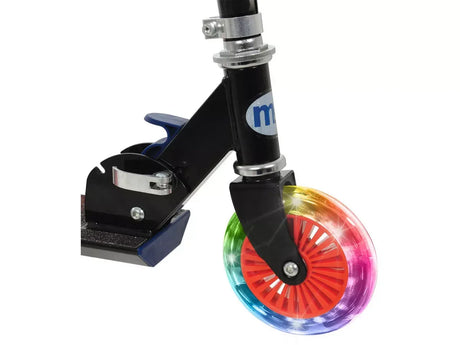 Front wheel section of a Spider Man themed inline scooter with a motion activated multicoloured LED wheel and black frame.