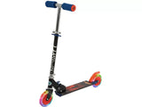 A Spider Man themed inline scooter with blue grips, a chrome T tube, motion activated light up wheels, and a red and black deck.