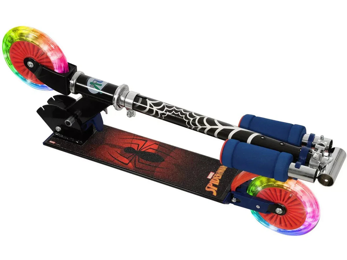 Folded Spider Man themed inline scooter showing the blue grips, black frame, red deck graphic, and multicoloured light up wheels.
