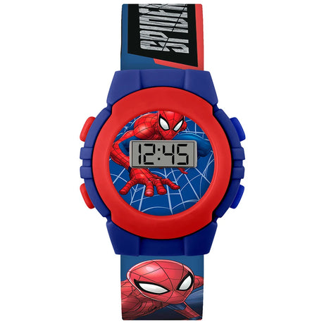 Spider-Man Printed Digital Watch close-up with red and blue case, digital time display and Spider-Man artwork on the dial and strap