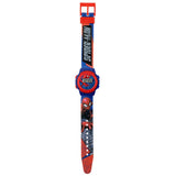 Spider-Man Printed Digital Watch full strap view with red buckle, blue and red printed strap and Spider-Man character artwork