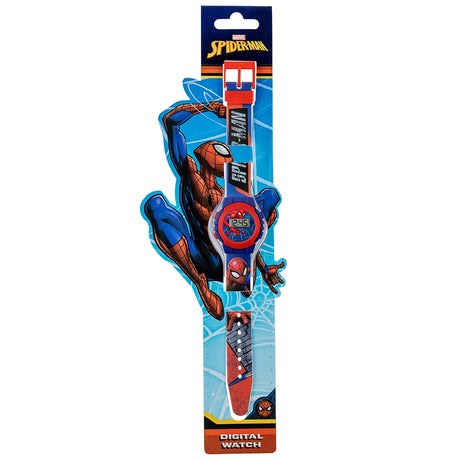 Spider-Man Printed Digital Watch displayed on branded Spider-Man retail packaging with red and blue printed strap