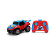 Spider-Man RC Buggy 1:32 with red web patterned body, blue bonnet and roof, yellow headlights, black tyres and red remote controller with blue buttons.