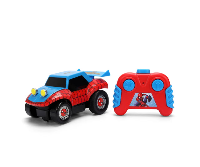Spider-Man RC Buggy 1:32 with red web patterned body, blue bonnet and roof, yellow headlights, black tyres and red remote controller with blue buttons.