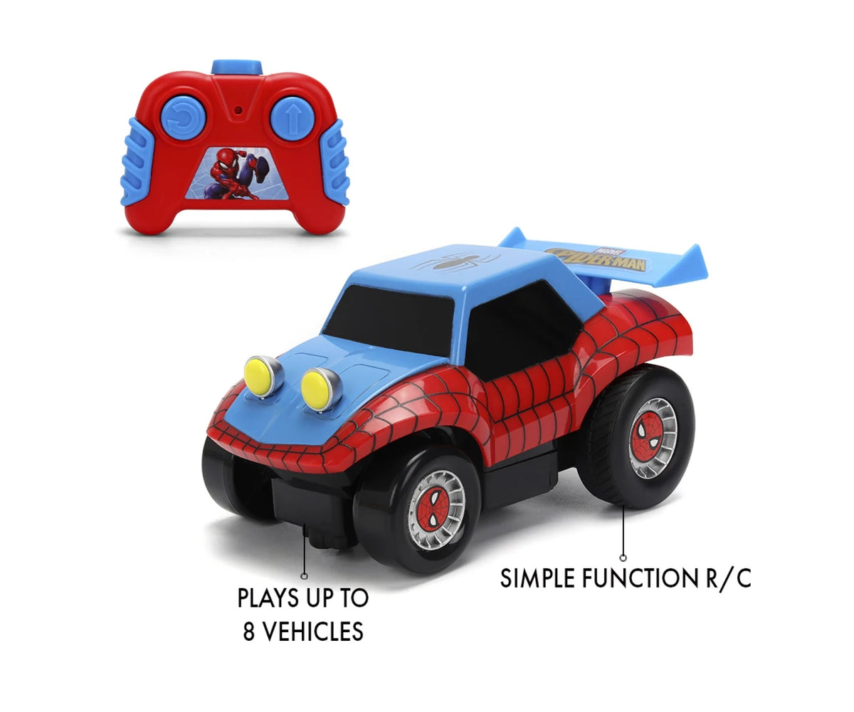 Spider-Man RC Buggy feature graphic showing the red and blue remote controller beside the red web patterned car, with labels for remote control functions and operation of up to eight vehicles.