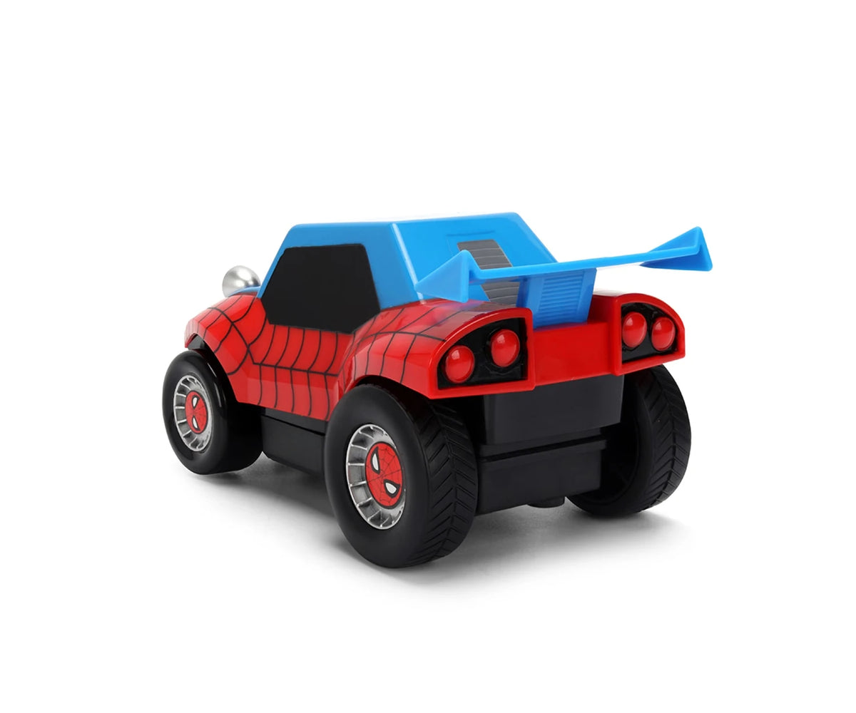 Rear three quarter view of the Spider-Man RC Buggy showing its blue rear spoiler, red web patterned body, round red rear lights and Spider-Man face graphics on the wheels.