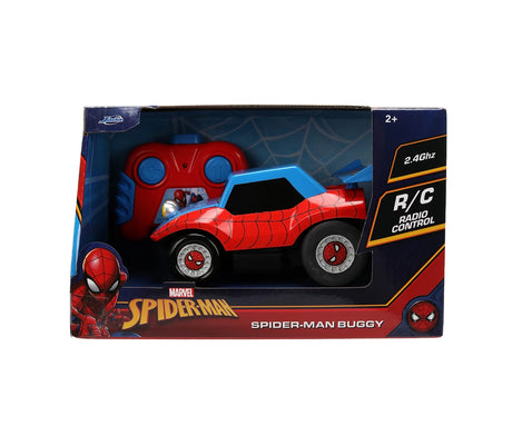 Marvel Spider-Man RC Buggy retail packaging showing the red and blue buggy, matching remote controller, Spider-Man artwork and 2.4 GHz radio control branding.