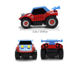 Spider-Man RC Buggy shown from the side, front and rear, with a vehicle length of 13.97 cm marked beneath the side view.