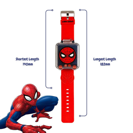 Spider-Man Red Strap Learning Watch full strap view showing adjustable fit from 140 mm to 182 mm