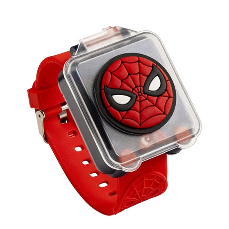 Spider-Man Red Strap Learning Watch close-up with raised Spider-Man face on the clear flip top cover and red strap