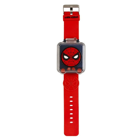 Spider-Man Red Strap Learning Watch full front view with raised Spider-Man flip top cover, red strap and buckle fastening