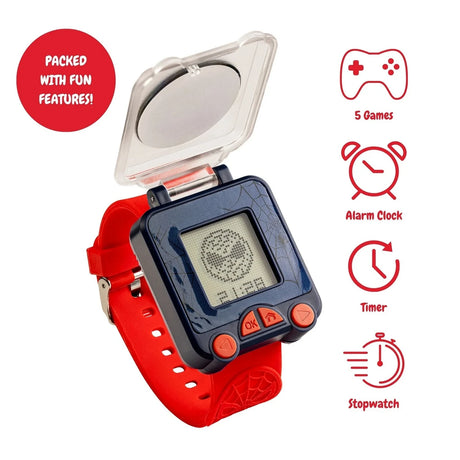 Spider-Man Red Strap Learning Watch open with 5 games, alarm, timer and stopwatch functions shown beside the watch